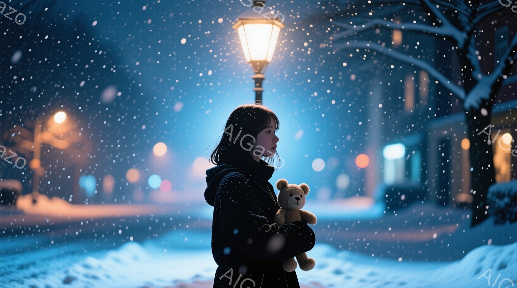 長い黒髪の女性が、冬の夜にテディベアを抱きしめて立っている。彼女は黒いコートを着ており、少し寂しげな表情をしている。背景には雪が降り積もる住宅街が広がり、遠くの街灯がぼんやりと光を放っている。