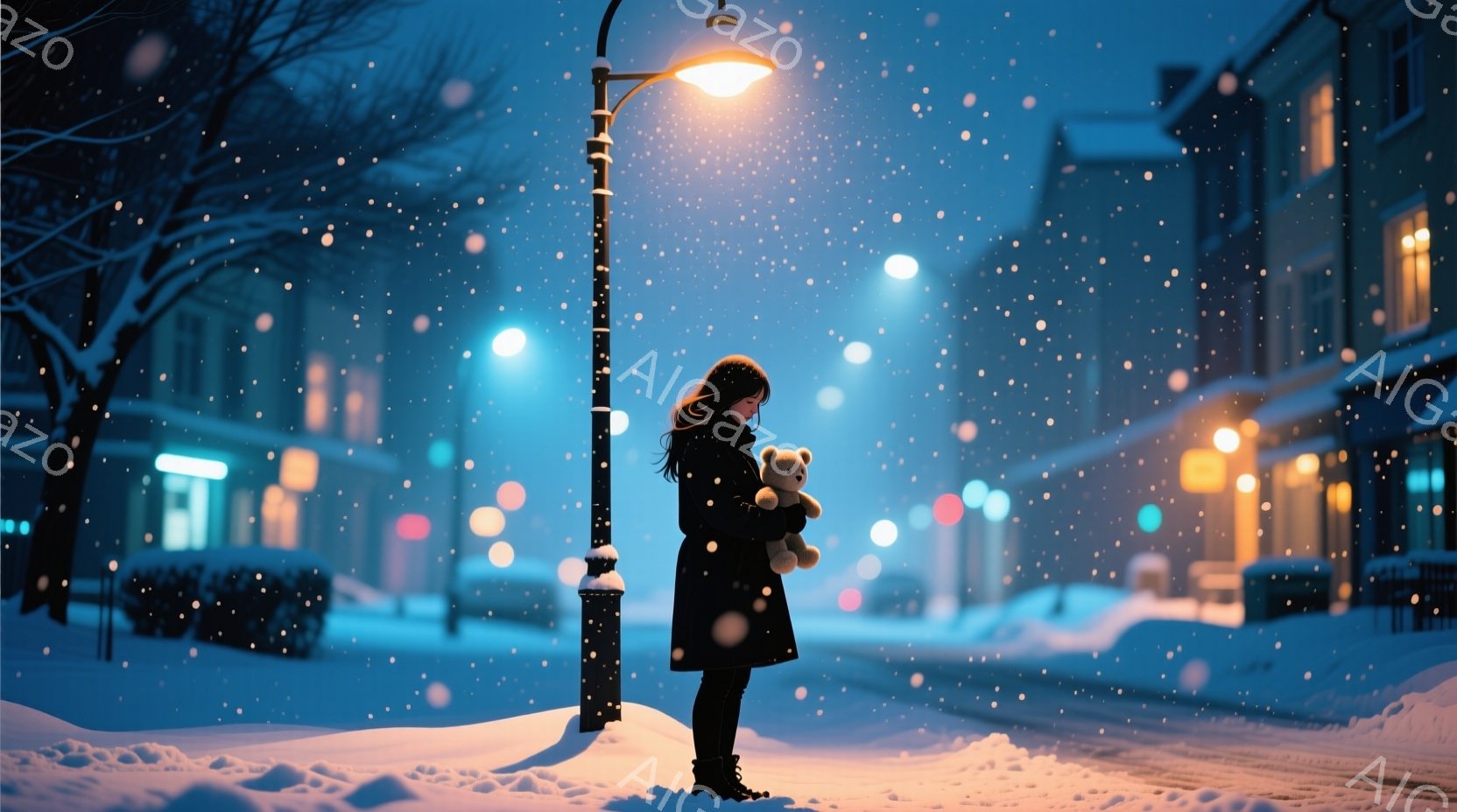 長い黒髪の少女が、黒いコートを着て雪の中に立っている。彼女は抱きしめるようにテディベアを抱えており、少しうつむき加減で、物思いにふけっているようだ。背景には、ぼんやりと光る街灯と、雪に覆われた建物が並 - AI生成フリー素材