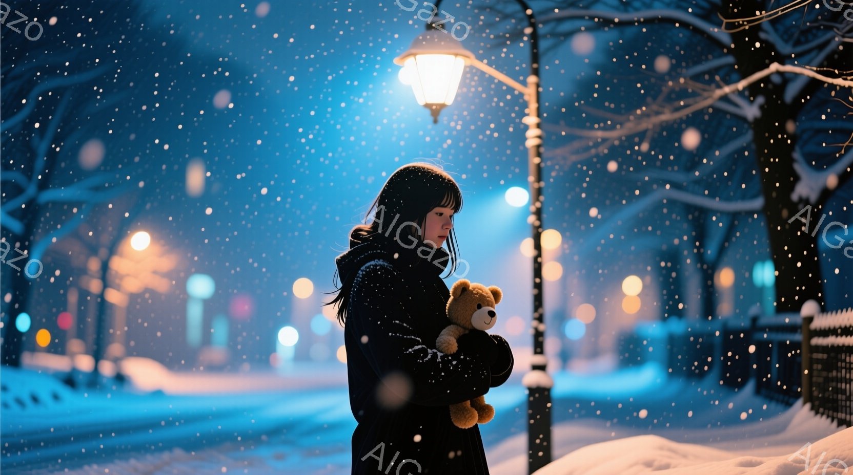 長い黒髪の女性が、雪の降る夜にテディベアを抱きしめて立っている。彼女は黒いコートを着ており、表情は少し寂しげで物憂げだ。背景には街灯が照らす雪景色が広がり、遠くにはぼんやりと建物が見える、静かで幻想的 - AI生成フリー素材