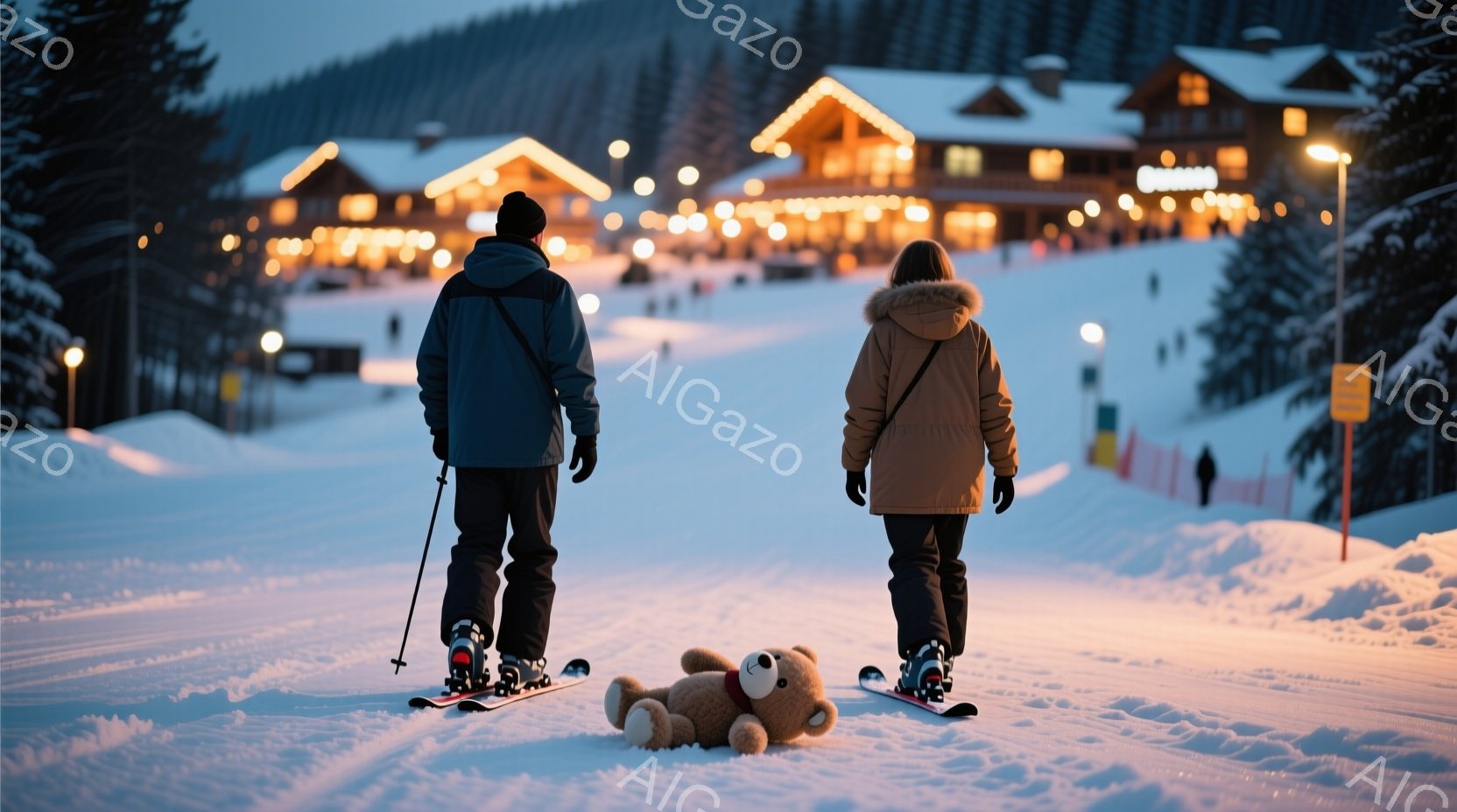 雪景色の中で、スキー板を履いた男女が並んで歩いている。男性は濃い青色のジャケット、女性はベージュ色のダウンジャケットを着用しており、ともに黒い手袋をはめている。背景には、明かりの灯る建物と雪をまとった山々が広がり、穏やかで静寂な冬の雰囲気が漂っている。