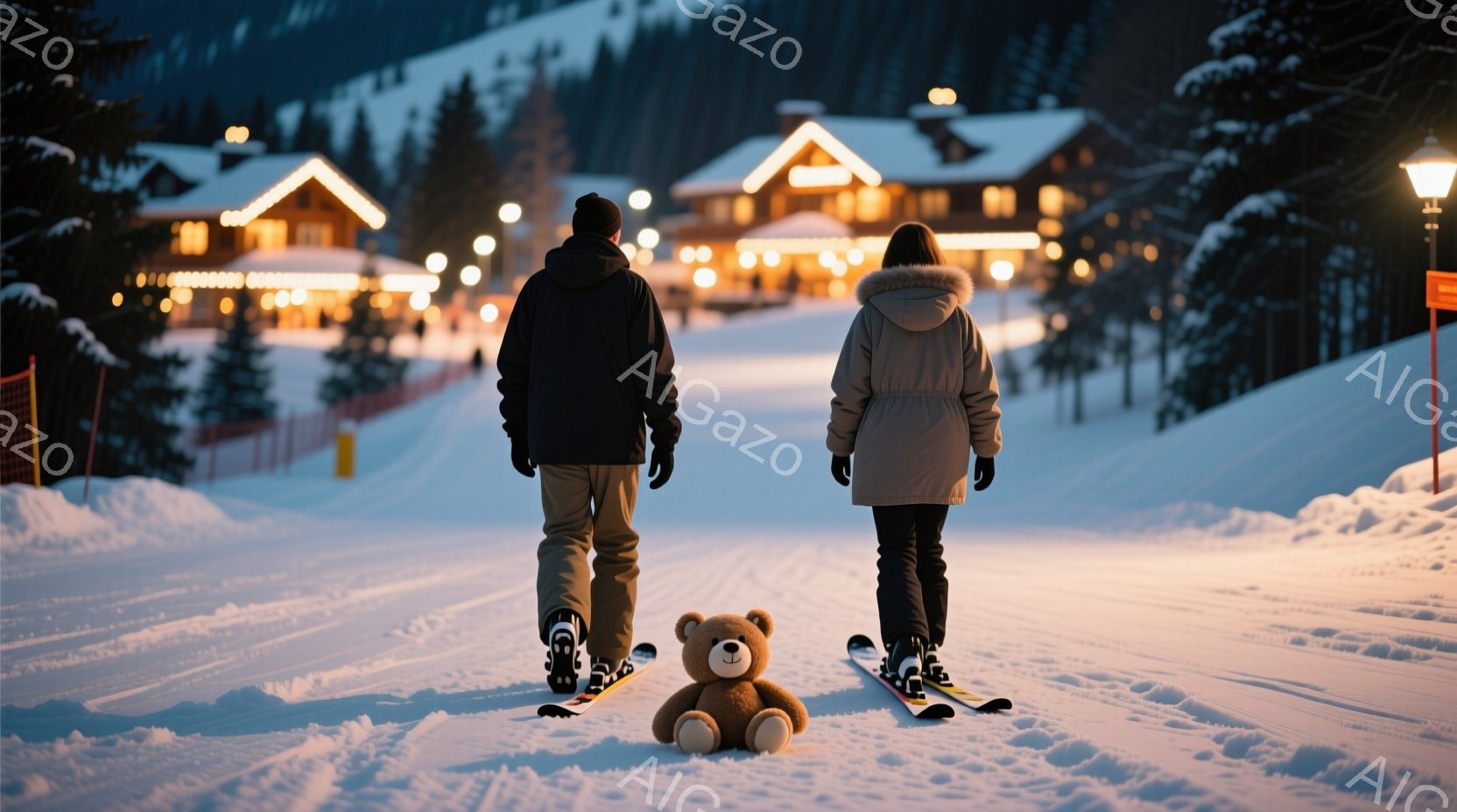 雪景色の中、スキー板を履いた男女が、テディベアを先導して雪原を歩いている。男性は黒いジャケットとベージュのズボン、女性は白いファー付きのジャケットを着ており、共に後ろ姿のため表情は伺えない。背景にはライトアップされた山小屋が並び、雪が降り積もる静かで幻想的な雰囲気を醸し出している。