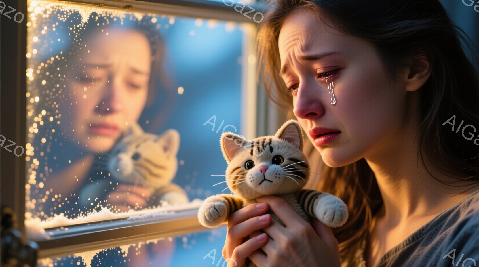 長い茶色の髪をした若い女性が、窓に寄りかかり、涙を流しています。彼女はぬいぐるみの猫を抱きしめており、悲しげな表情をしています。窓の外は夜で、雨が降っており、ぼやけた街の明かりが見えます。