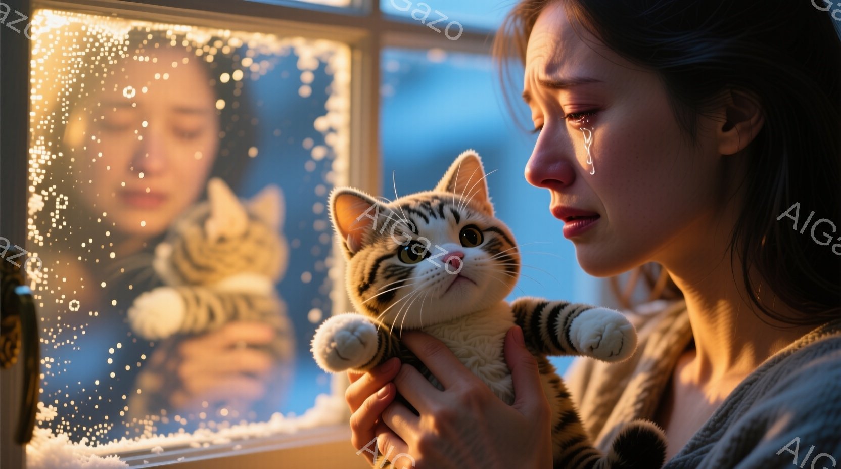 窓辺に立つ女性が、小さな縞模様の子猫を抱きしめています。彼女は肩まで伸びた茶色の髪をしており、涙を浮かべた悲しげな表情をしています。窓の外は冬の景色で、ぼやけた建物と雪が降る様子が見え、全体的に寂しげ - AI生成フリー素材