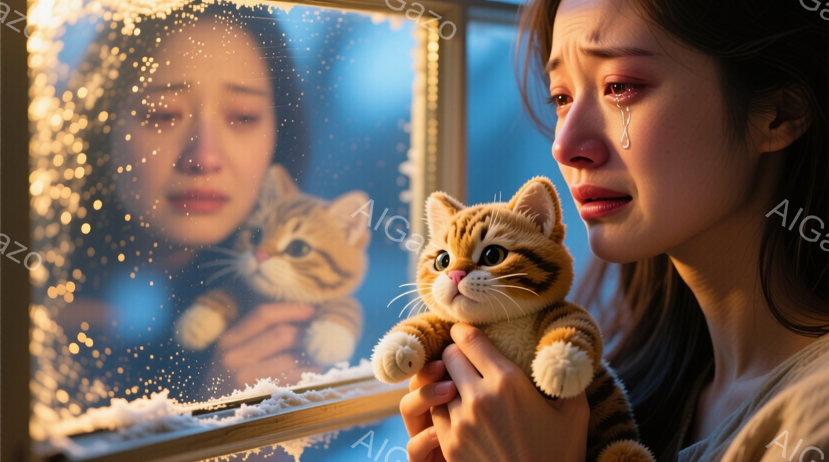 窓に寄りかかり、涙を流す若い女性が描かれています。彼女はオレンジ色のセーターを着ており、長く緩んだ髪は肩にかかっています。彼女の手には、同じ模様の小さなぬいぐるみ猫が抱かれており、背景にはぼやけた街並 - AI生成フリー素材