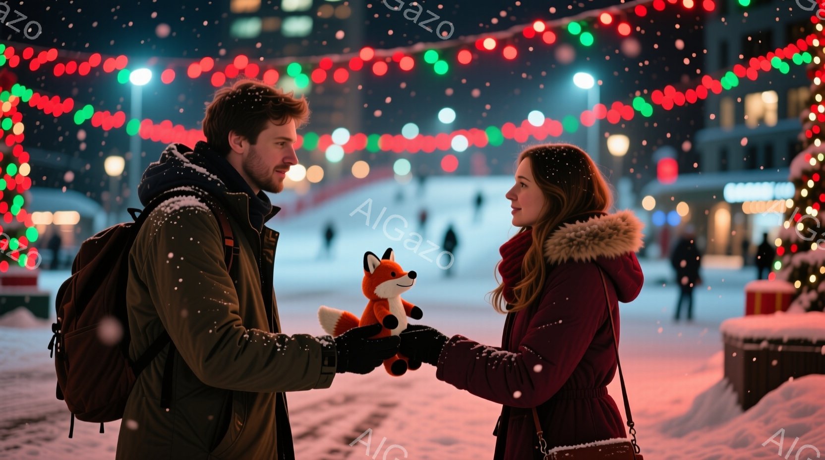雪が舞う夜の公園で、若い男性が女性にオレンジ色の狐のぬいぐるみを手渡している。男性は黒いジャケットとバックパックを着ており、少し顎髭を生やしている。女性は赤いフード付きジャケットを着て、笑顔でぬいぐる - AI生成フリー素材