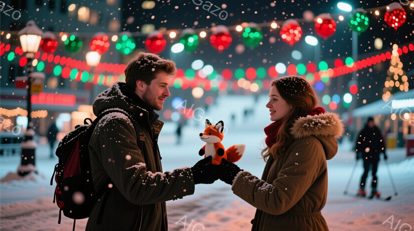 雪が降る夜、若い男女が互いに微笑み合いながら、小さなオレンジ色の狐のぬいぐるみを交換しようとしています。男性は黒い冬のジャケットにバックパックを背負い、女性は赤いマフラーとフード付きのジャケットを着ています。背景には、カラフルなライトで飾られた建物や、スケートをする人々の姿があり、温かくロマンチックな雰囲気が漂っています。