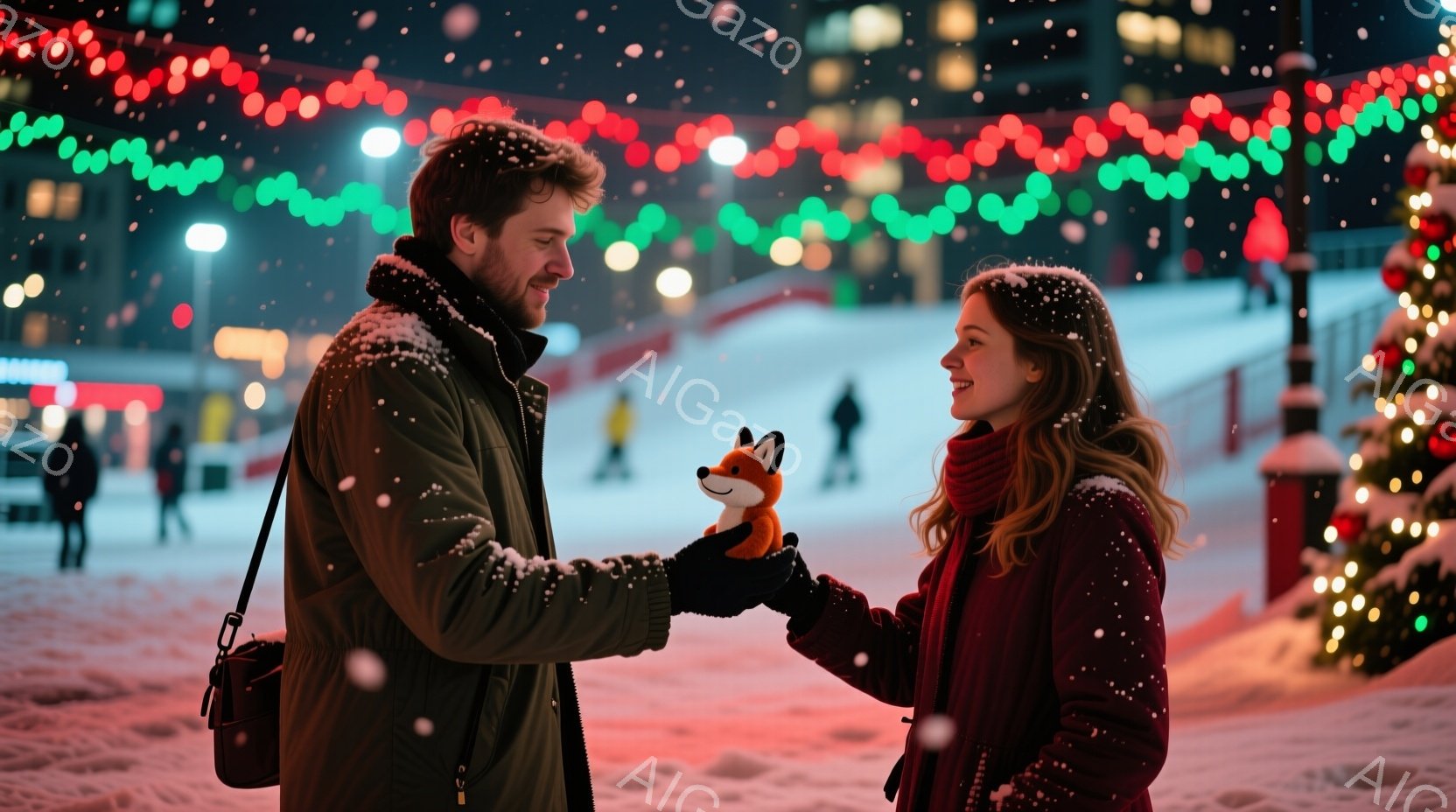 吹雪の中で、男性と女性が顔を見合わせ、小さなオレンジ色のキツネのぬいぐるみを交換しようとしています。男性は黒いコートを着てひげを生やしており、女性は赤いコートとスカーフで、髪は肩まで届く茶髪です。背景 - AI生成フリー素材