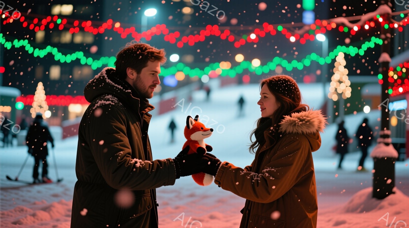 長い髪を後ろで束ねた女性と、髭を生やした男性が雪の中で向き合っています。男性は赤いぬいぐるみの狐を女性に差し出しており、二人は微笑み合っています。背景には、クリスマスイルミネーションが輝き、雪が舞い散 - AI生成フリー素材