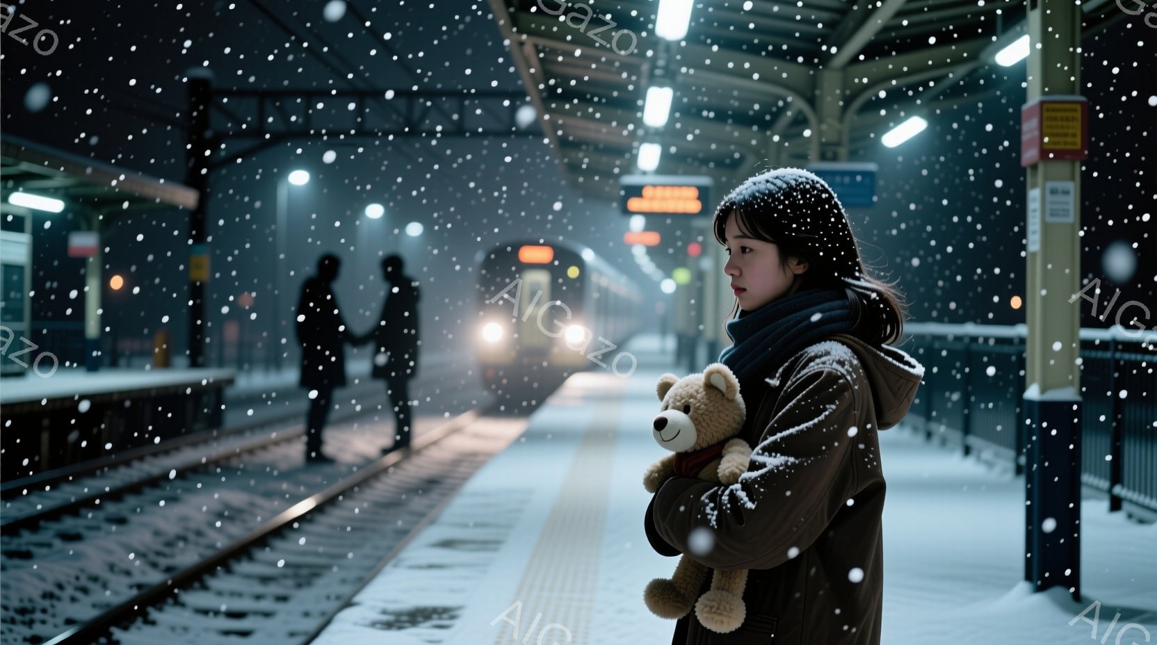 雪が降る鉄道のホームに、茶色のコートを着た若い女性が立っている。彼女は手の中にテディベアを抱き、少し寂しげな表情で遠くを見つめている。背景には、ライトが照らす線路と、ぼやけたプラットフォームの向こうに佇む一対の人物が見え、冬の静寂な雰囲気が漂う。