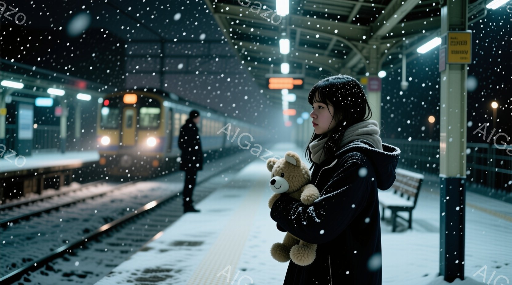 雪が降り積もる鉄道のホームに、黒いコートを着た若い女性が立っている。彼女は長い髪を後ろでまとめ、テディベアを抱きしめており、憂いを帯びた表情で遠くを見つめている。背景には、ぼやけた列車の光が輝き、ホー - AI生成フリー素材