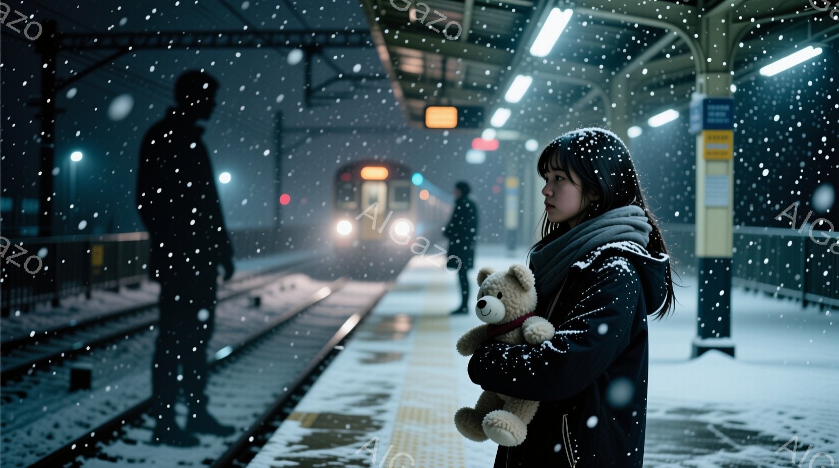 雪が降り積もる駅のホームに、黒いコートを着た少女が立っている。彼女はテディベアを抱きしめ、少し悲しげな表情で遠くを見つめている。背景には、ぼやけた人影と、ヘッドライトを灯した電車が雪の中を走っているのが見える。