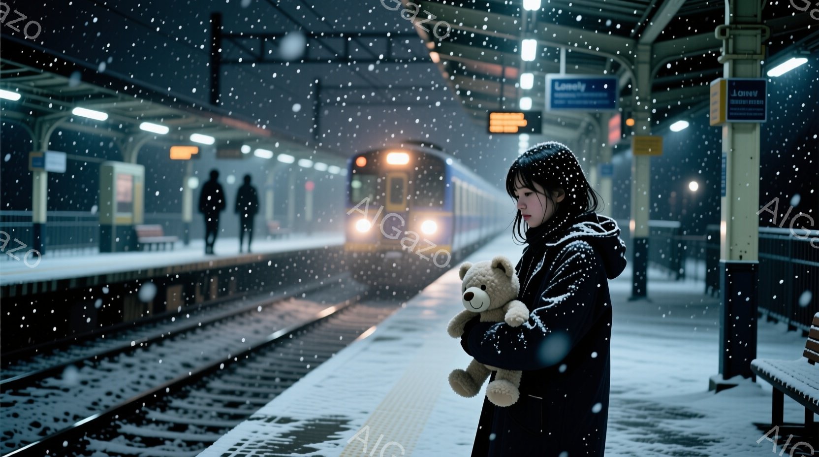 雪が降り積もる鉄道のプラットフォームに、黒いコートを着た少女が立っている。彼女はテディベアを抱きしめ、少しうつむき加減で遠くを見つめているように見える。背景には、雪景色の中を走る列車と、ぼんやりとしたプラットフォームの構造物が見え、寂しげで物憂げな雰囲気が漂っている。
