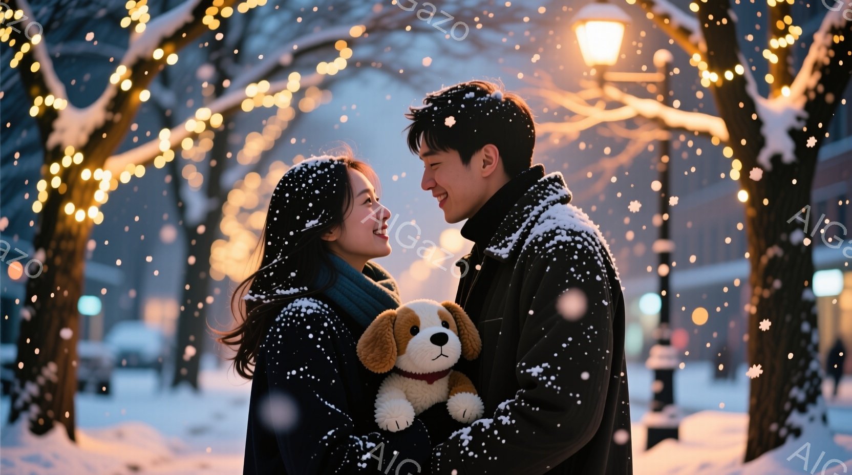 雪が舞う街並みで、若い男女が寄り添い、微笑み合っている。女性は黒いコートにマフラーを巻き、長い髪を肩から下ろしている。男性は黒いジャケットを着ており、女性を見つめ、抱きしめているように見える。彼らの間 - AI生成フリー素材