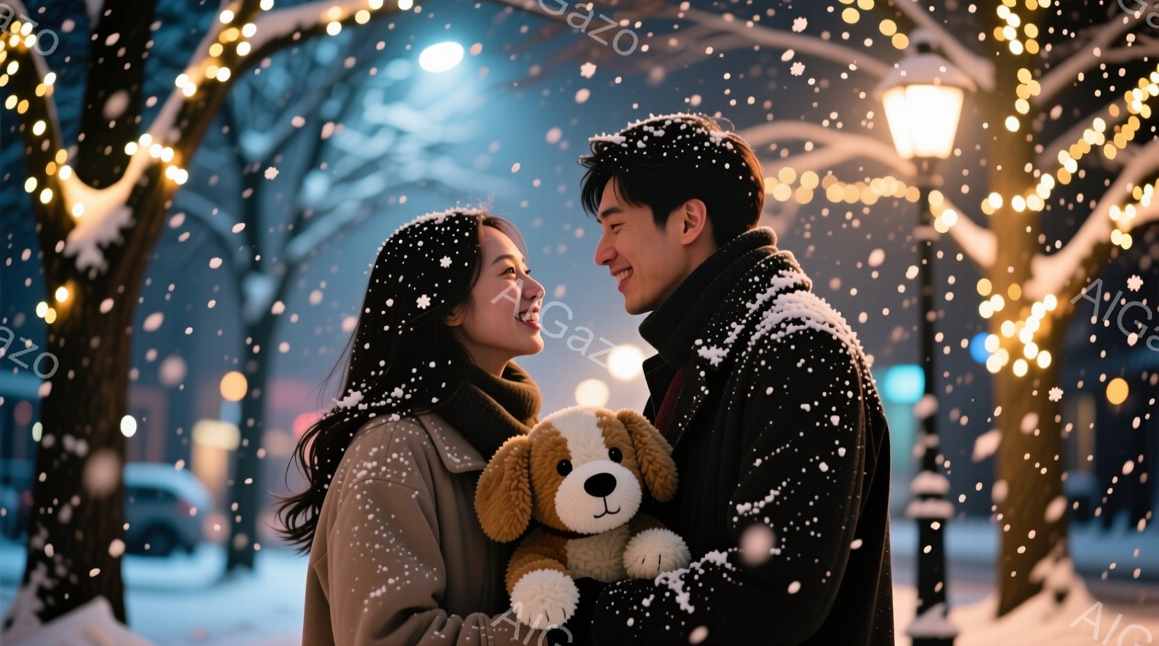 雪が舞う夜、若い男女が寄り添って微笑み合っています。女性は長い黒髪で、ベージュのコートを着ており、男性は黒いコートを着ています。背景には、電飾で飾られた木々とぼんやりとした建物が見え、ぬいぐるみを持つ - AI生成フリー素材