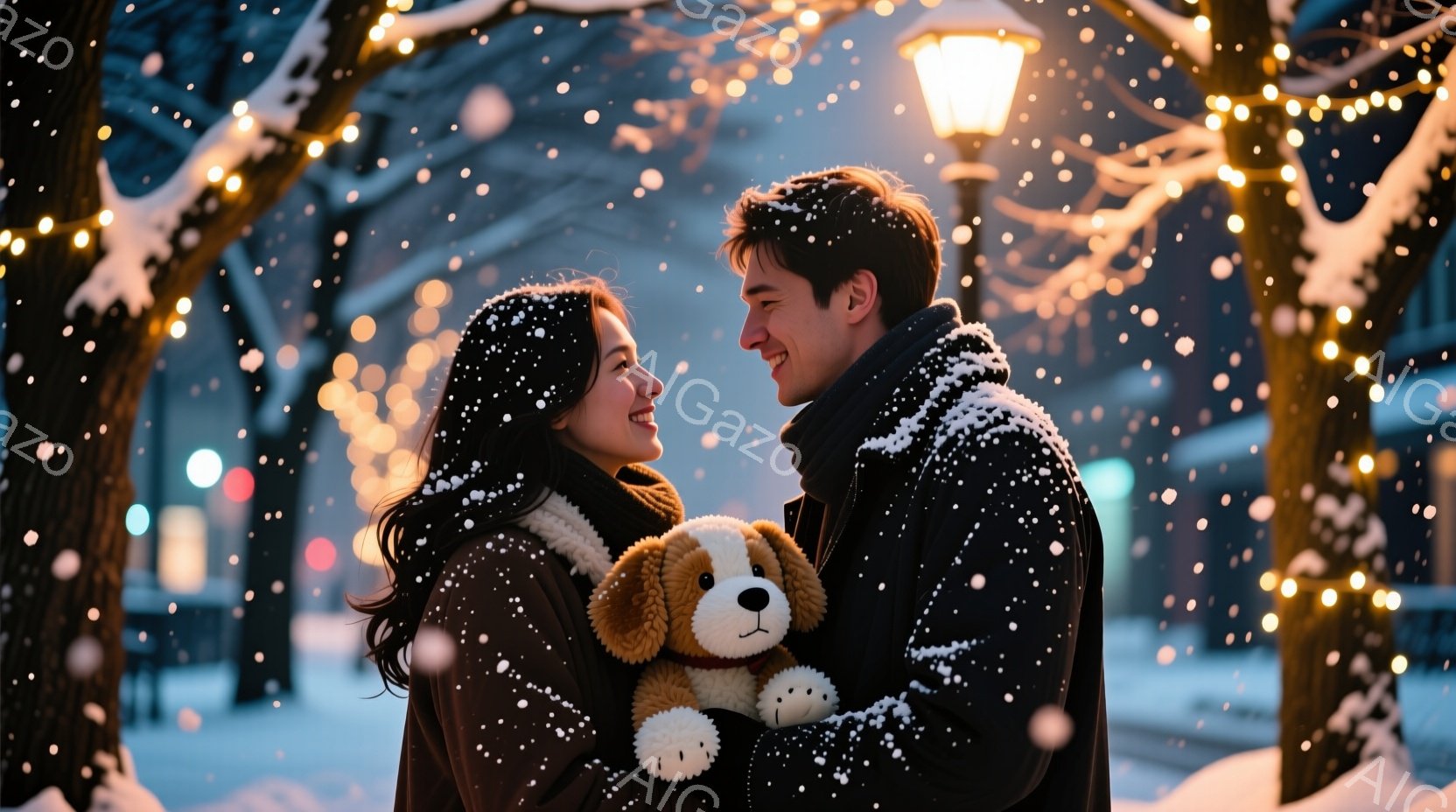 雪が舞う夜、若い男女が寄り添い、微笑み合っている。女性は長い黒髪で、茶色のコートとマフラーを身につけ、男性は黒いコートで、少し無精髭を生やしている。背景には、電飾で飾られた木々と、ぼんやりと見える建物 - AI生成フリー素材