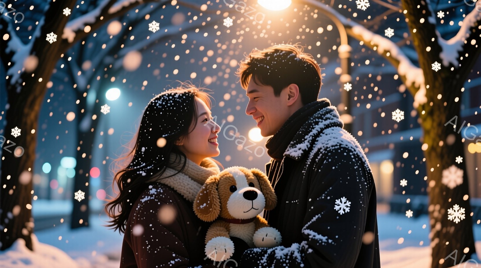 雪が降り積もる中、若い男女が寄り添い、笑顔を見せています。女性は茶色のニット帽とスカーフを巻き、男性は黒いコートを着ています。背景にはぼやけた街並みと街灯が見え、ロマンチックで温かい雰囲気が漂っていま - AI生成フリー素材