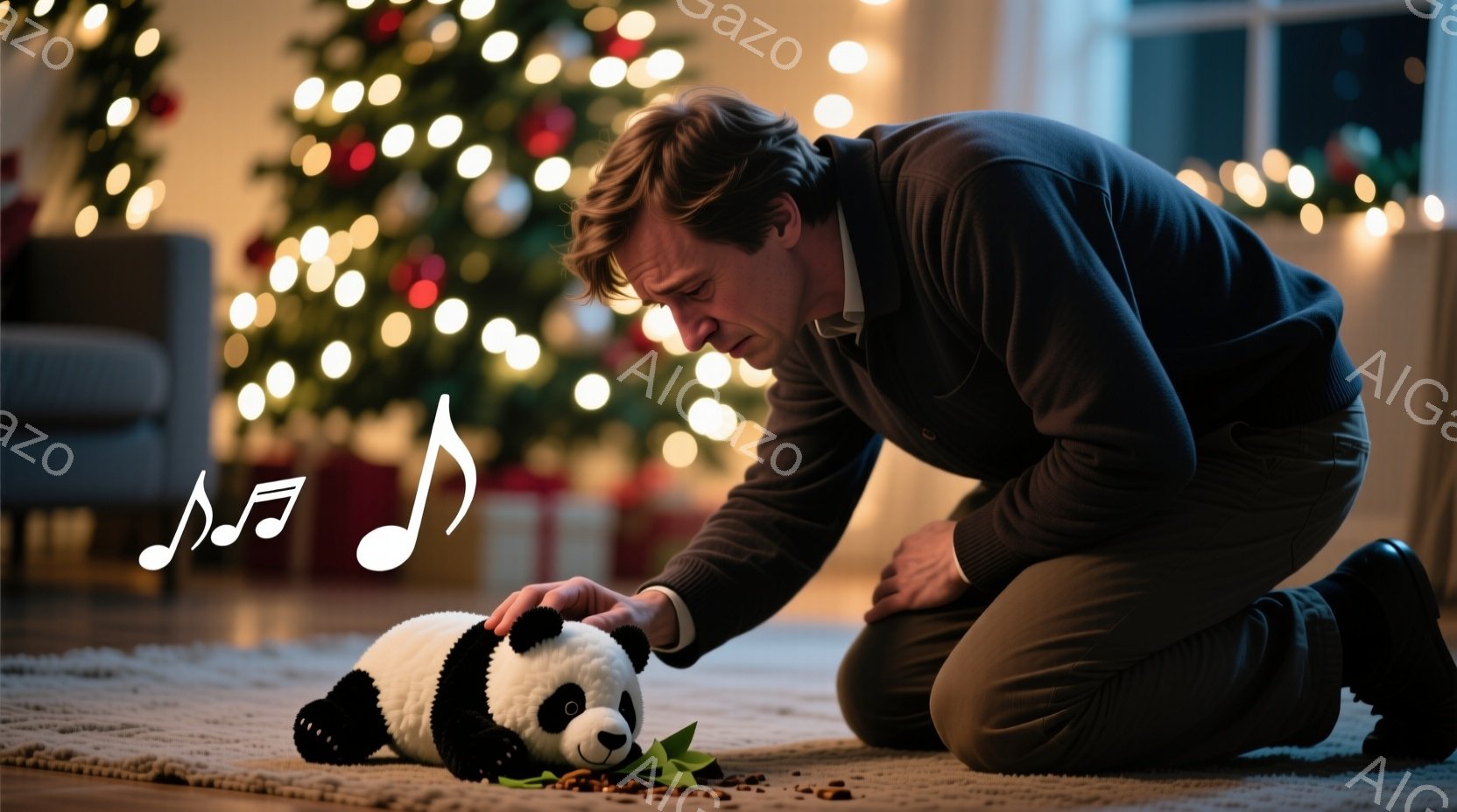 部屋の床にひざまずいている男性が、白いパンダのぬいぐるみを見つめています。彼は茶色のセーターと灰色のズボンを着用し、少し心配そうな表情をしています。背景にはクリスマスツリーが飾られており、暖かい雰囲気の中で家族的な光景が広がっています。