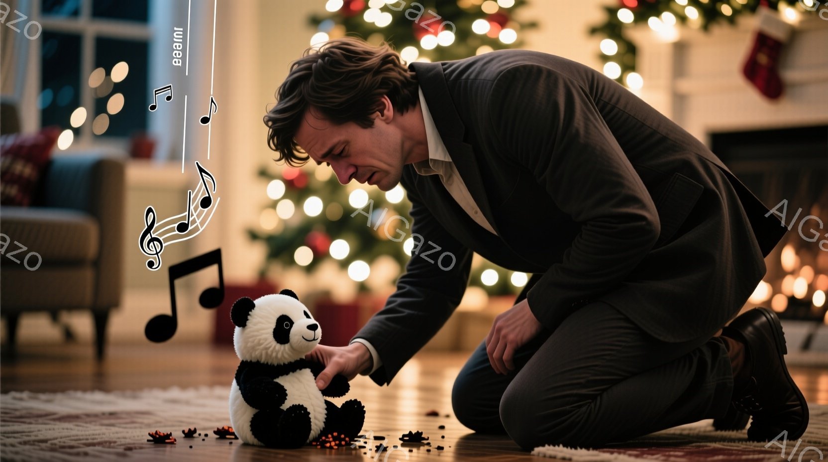 長髪で、少し癖のある男性が床にひざまずき、壊れたパンダのぬいぐるみに向かって手を伸ばしている。彼はグレーのスーツジャケットと黒いズボンを着用し、心配そうな表情をしている。背景には、クリスマスツリーの光と、暖炉が見え、全体的に寂しげで心を痛めるような雰囲気である。
