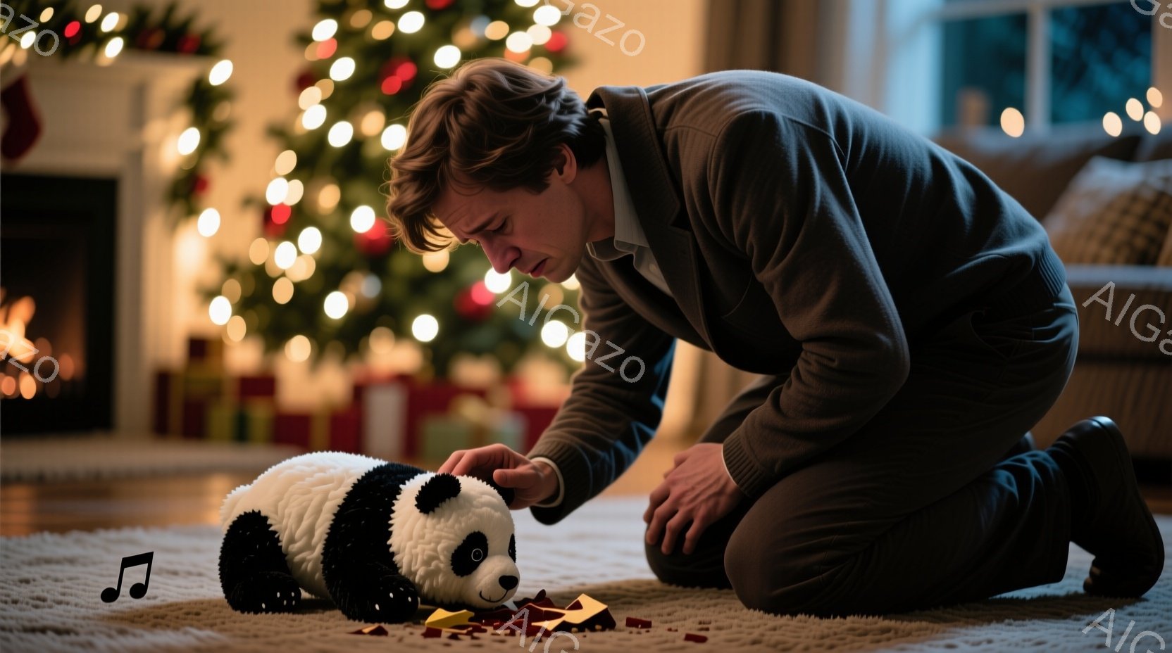 暖炉とクリスマスツリーが背景にある室内で、男性がひざまずいてパンダのぬいぐるみを見つめています。彼は濃いグレーのセーターを着ており、髪は少し無造作に整えられています。顔には物憂げな表情が浮かび、まるで壊れたおもちゃを心配しているようです。