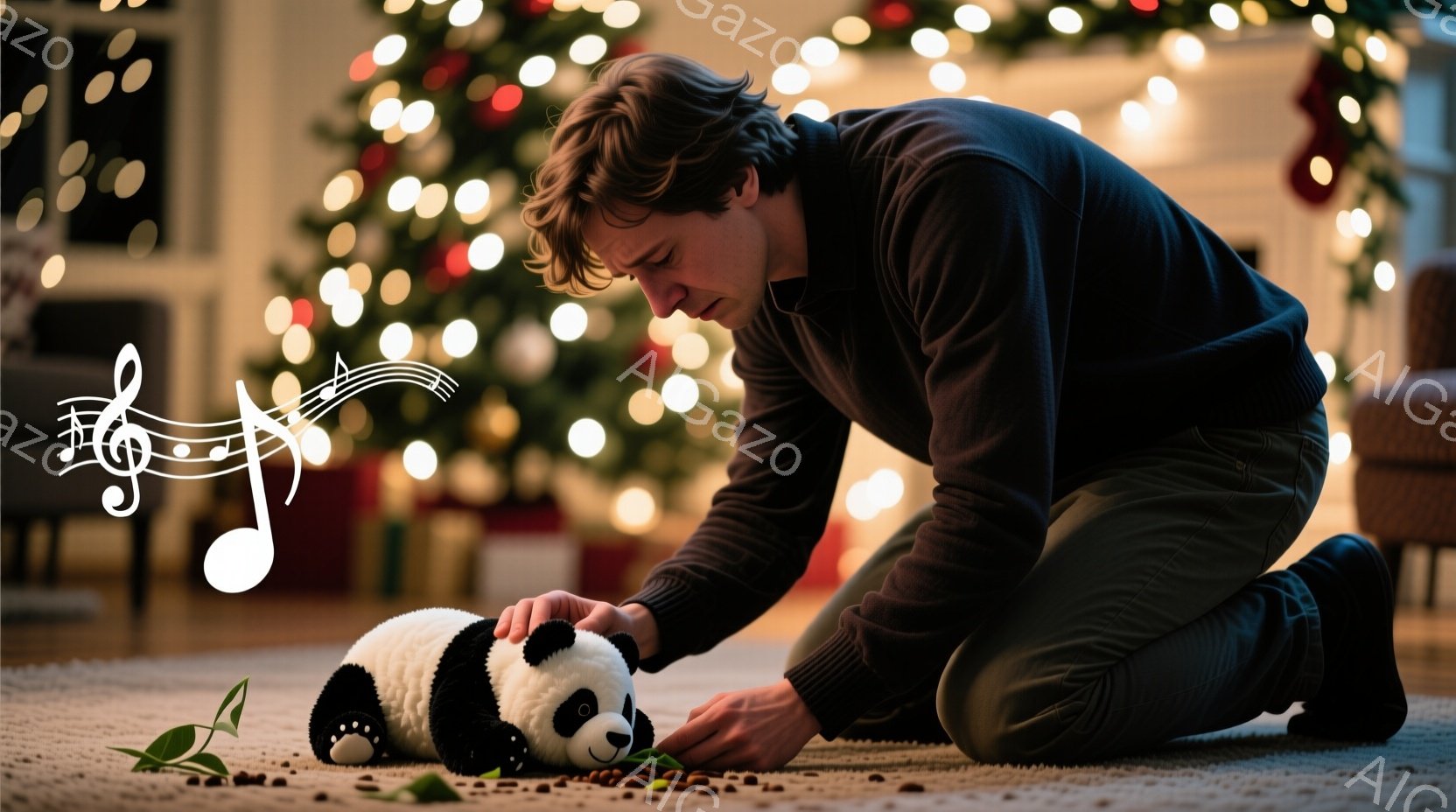 長い茶色の髪をした男性が、カーペットの上にひざまずいて、ぬいぐるみのようなパンダのおもちゃをいじっている。彼は濃い色のセーターとズボンを身に着け、少しうつむき加減で、おもちゃを丁寧に扱っている様子が伺える。背景には、キラキラと光るクリスマスツリーがあり、温かく、家庭的な雰囲気を醸し出している。