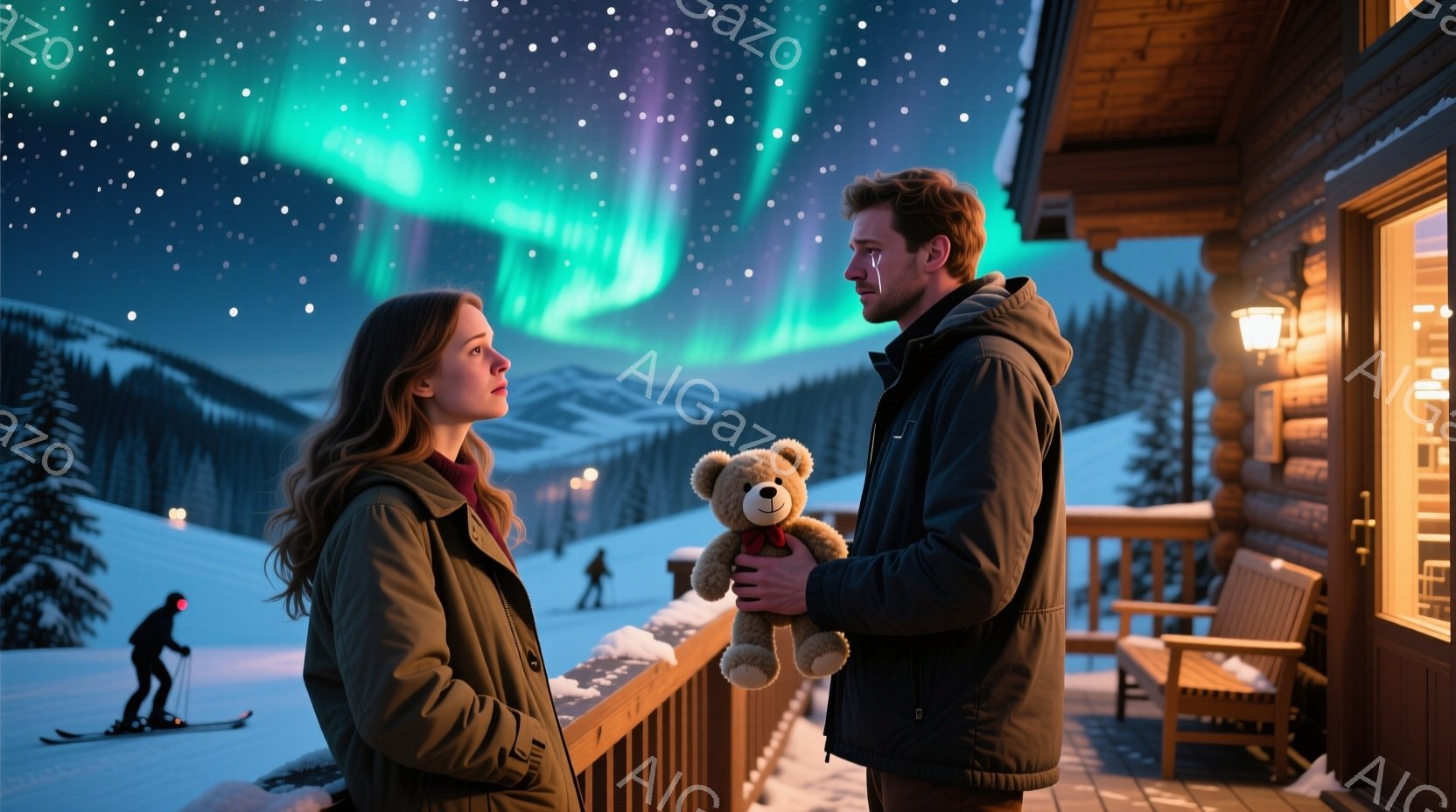 雪に覆われた山々と、木造の建物が背景に広がる夜の光景です。女性は赤いセーターを着て、男性は黒いジャケットを着て、テディベアを抱えています。オーロラが夜空を彩り、ロマンチックで静寂な雰囲気を醸し出しています。
