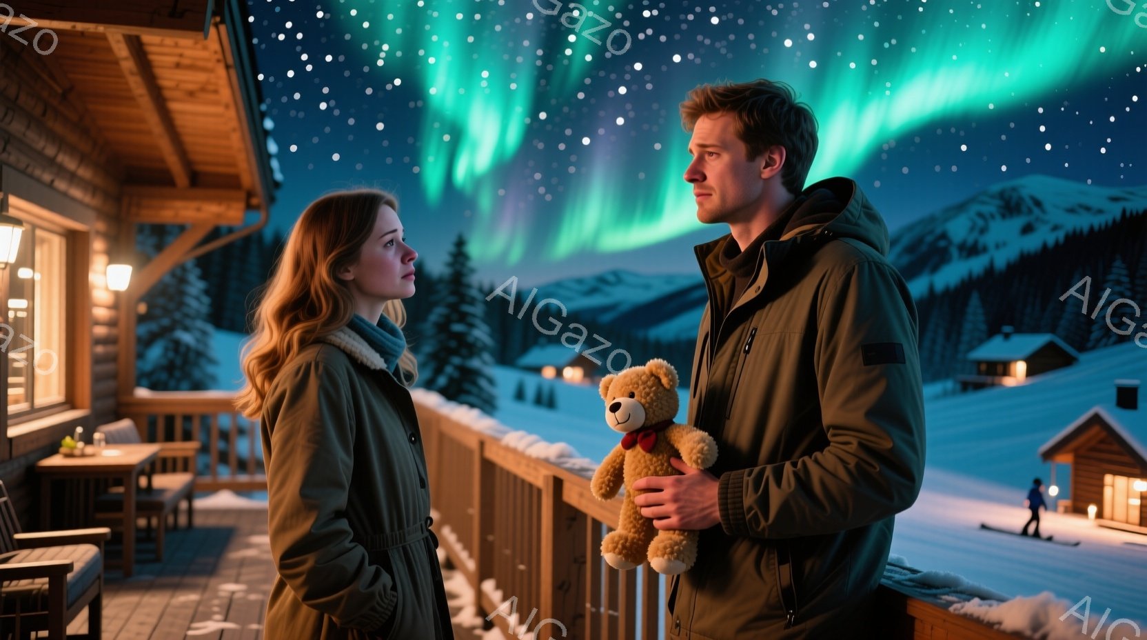 長い赤毛の女性と、クマのぬいぐるみを抱えた男性が、雪に覆われた山の景色を眺めています。女性は緑色のコートとスカーフを身につけ、男性は濃い色のジャケットを着ています。背景には木造の建物や雪景色が広がり、 - AI生成フリー素材