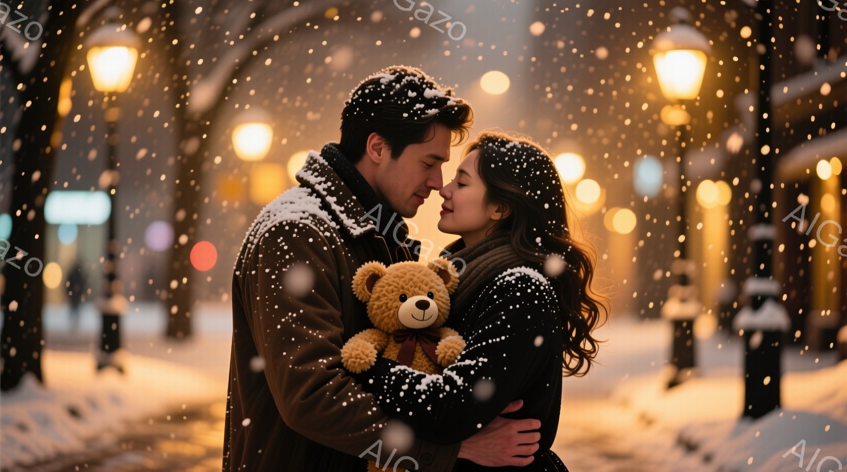 雪が降る夜、若い男女が抱き合っている。男性は濃い色のコートを着ており、女性は毛皮の襟のあるジャケットを着ている。二人は顔を近づけ、暖炉の光と雪が降り積もる街並みが背景に見えるロマンチックな雰囲気を醸し - AI生成フリー素材