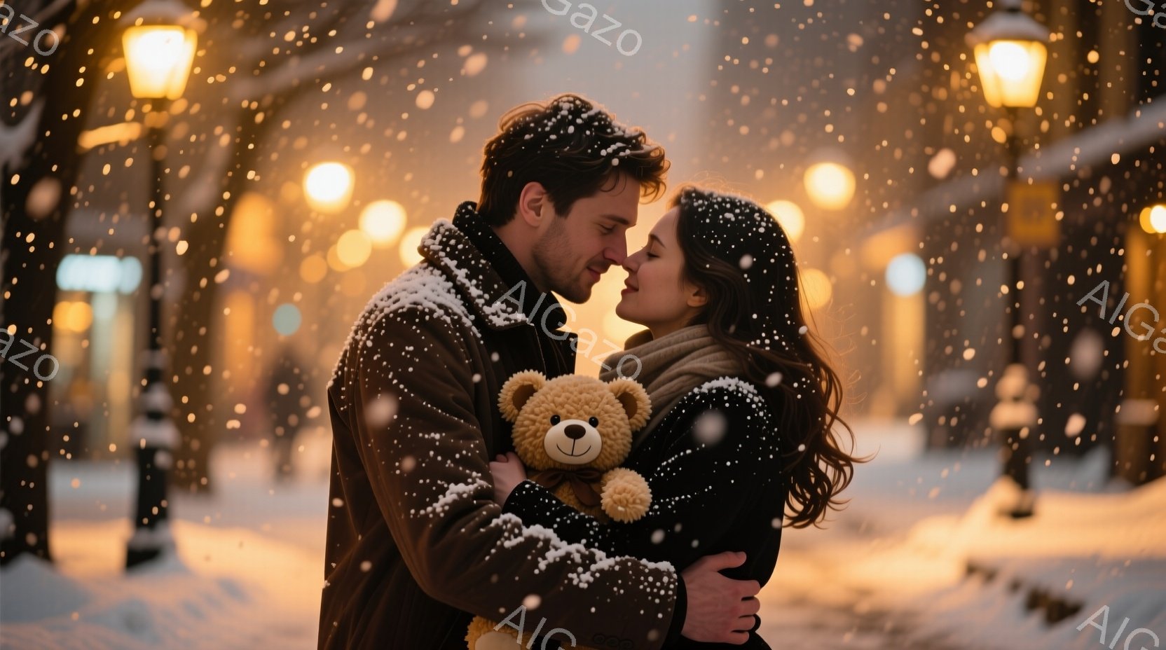 雪が降る街中で、若い男女が抱き合っている。男性はダークカラーのコートを着ており、女性は黒いコートに長いウェーブヘアをなしている。背景には街灯が灯り、雪景色が暖かくロマンチックな雰囲気を醸し出している。 - AI生成フリー素材