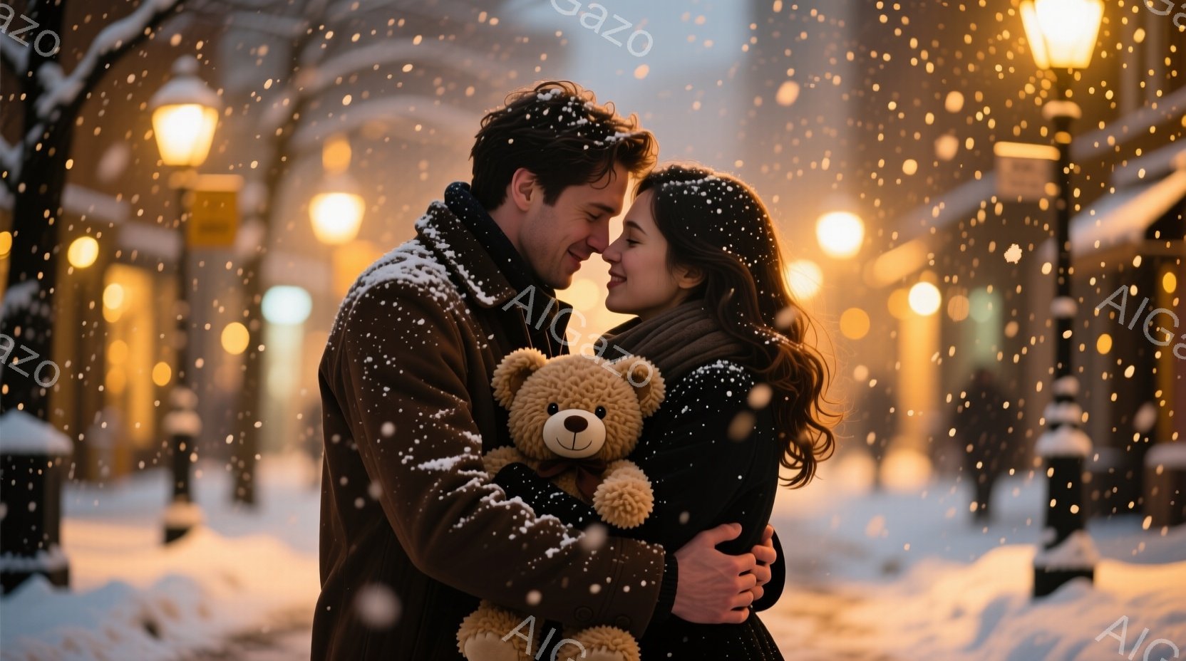 雪が舞う街中で、若いカップルが抱き合っています。男性は濃い色のコートを着ており、女性は黒いコートに長い巻き毛の髪をしています。二人は互いに顔を寄せ合い、温かい愛情に満ちた雰囲気が漂っています。 - AI生成フリー素材