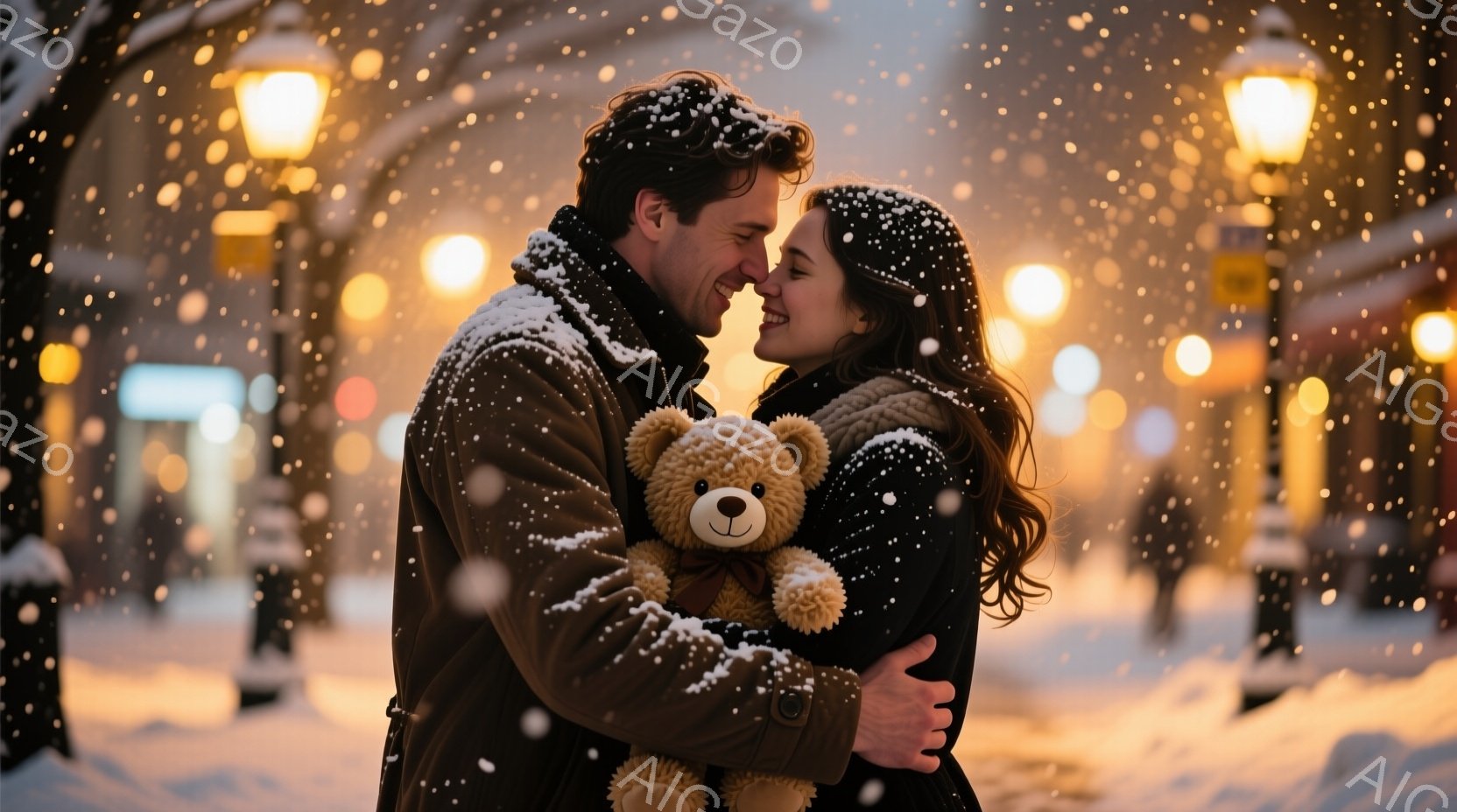 雪が降り積もる街中で、若い男女が抱き合っています。男性はダークカラーのコートを着ており、女性はダークカラーのコートと長くウェーブのかかった髪で、顔には幸福な笑顔が見られます。背景にはぼやけた街灯と建物 - AI生成フリー素材