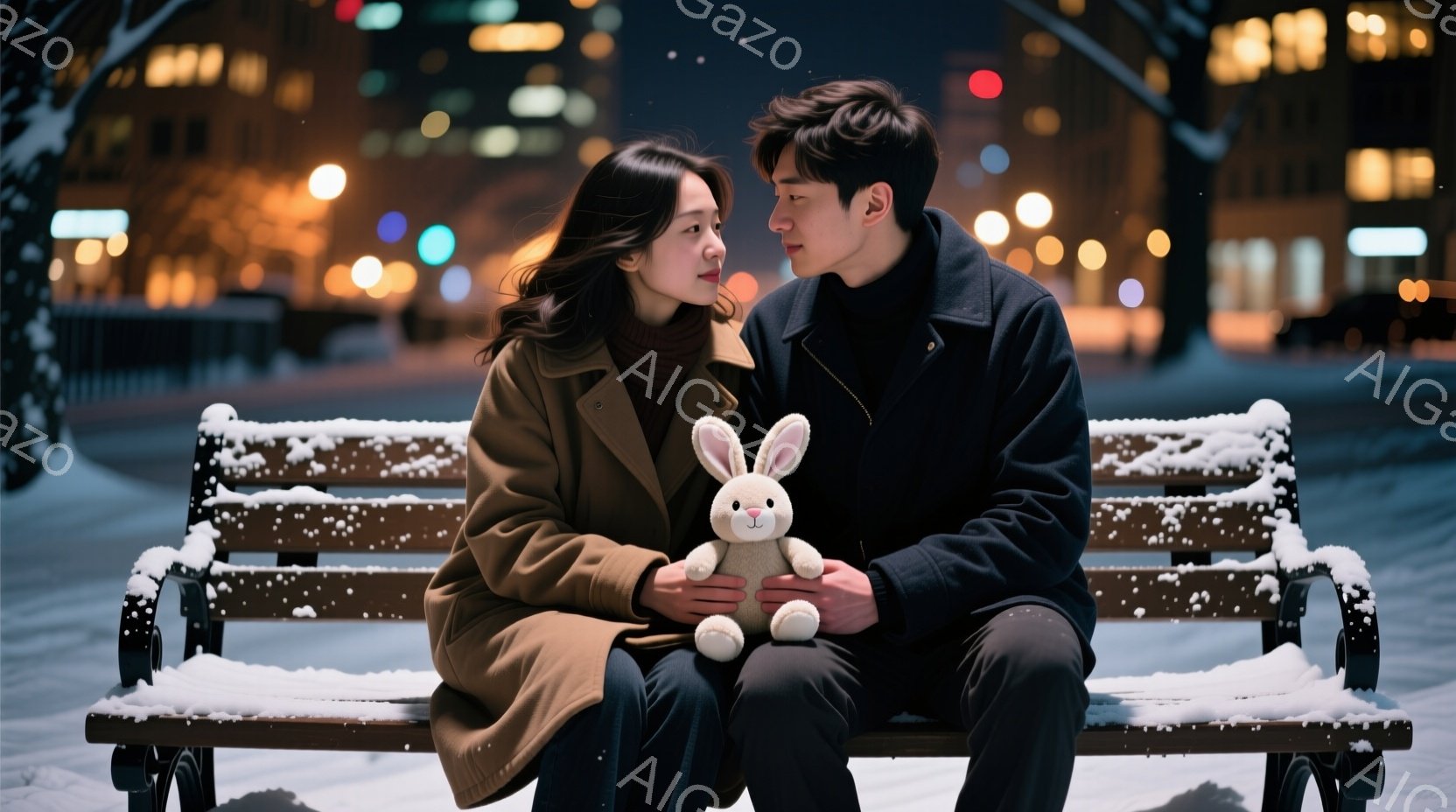 雪が降り積もるベンチに、若い男女が寄り添って座っている。女性はキャメル色のコートを着ており、長くゆるやかなウェーブヘアが肩にかかっている。男性は黒いジャケットを着ており、少し微笑み、女性を見つめている - AI生成フリー素材
