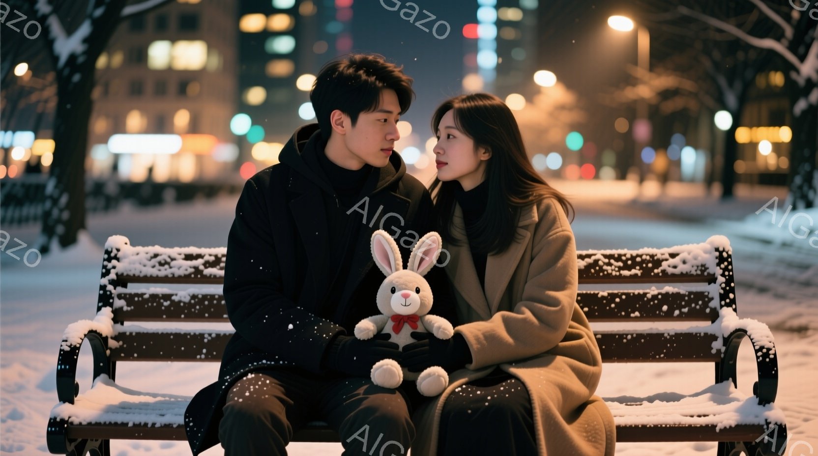 雪が降る夜、公園のベンチに若い男女が寄り添って座っている。男性は黒いコート、女性はキャメルのような色の長いコートを着ており、女性は黒髪をロングで、男性は短髪である。二人の間には白いウサギのぬいぐるみが - AI生成フリー素材