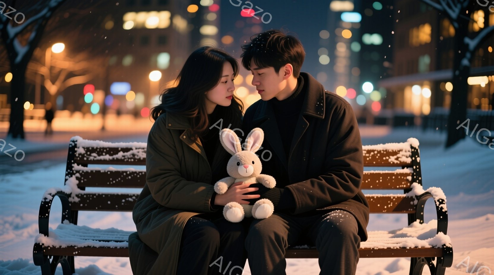 雪が降り積もるベンチに、若い男女が寄り添って座っている。女性はダークカラーのダウンジャケットを着ており、長い髪を肩から垂らしている。男性は黒いコートを着ており、女性に腕を回し、優しく見つめている様子から、二人の間には温かい愛情が感じられる。