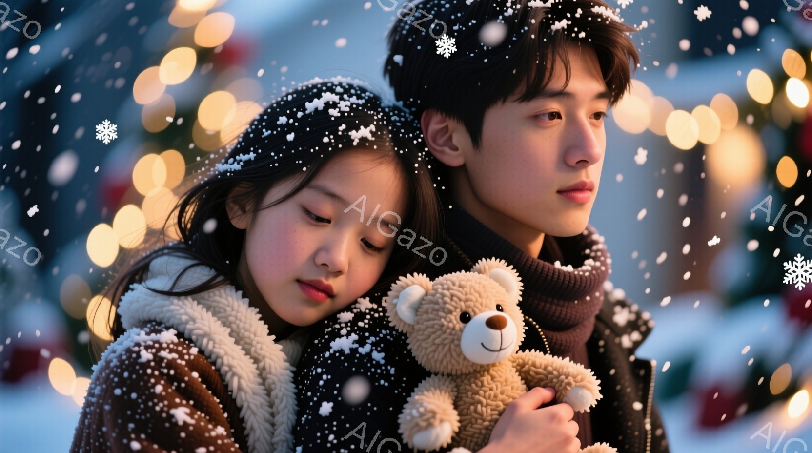少女はふわふわの毛皮の襟付きのコートを着て、目を閉じ、穏やかな表情を浮かべている。少年は黒いコートを着て、少し憂いを帯びた表情で遠くを見つめている。背景にはぼやけたクリスマスツリーの光が散りばめられ、雪が舞う冬の暖かく幻想的な雰囲気が漂っている。