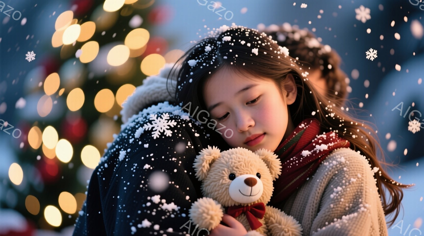 長い茶色の髪を肩から垂らし、赤いマフラーを巻いた少女がテディベアを抱きしめています。彼女は目を閉じ、穏やかな微笑みを浮かべており、オフホワイトのニットセーターを着ています。背景にはぼやけた光のぼやけと - AI生成フリー素材