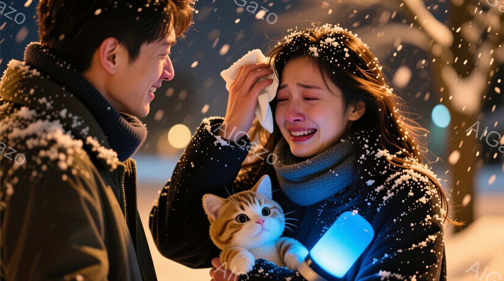 吹雪の中で、女性は涙を拭きながら困惑した表情を浮かべている。彼女は茶色の髪を無造作にまとめ、濃い青色のジャケットとマフラーを身に着けている。片手にはスマートフォン、もう片手には小さな茶色の縞模様の猫を抱きしめている。