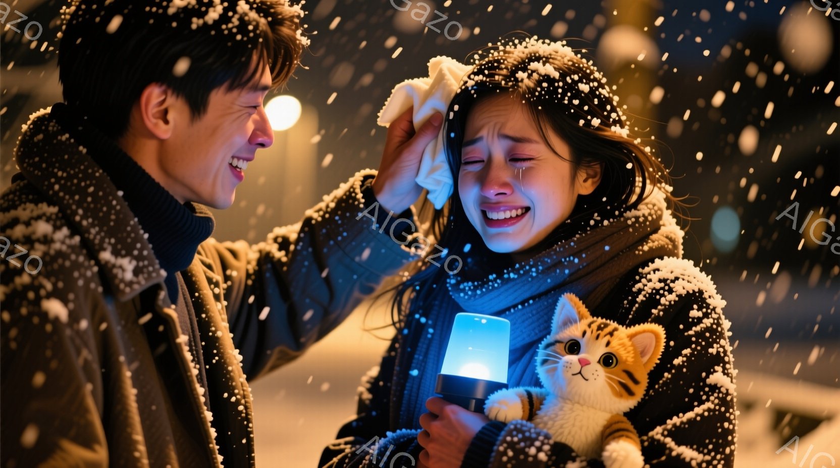 雪が降る夜、男性が女性の涙をハンカチで拭っています。女性は泣いており、片手で猫のぬいぐるみを抱き、もう片手でスマートフォンを光らせています。背景にはぼやけた街並みが見え、全体的に切なく、温かい雰囲気で - AI生成フリー素材