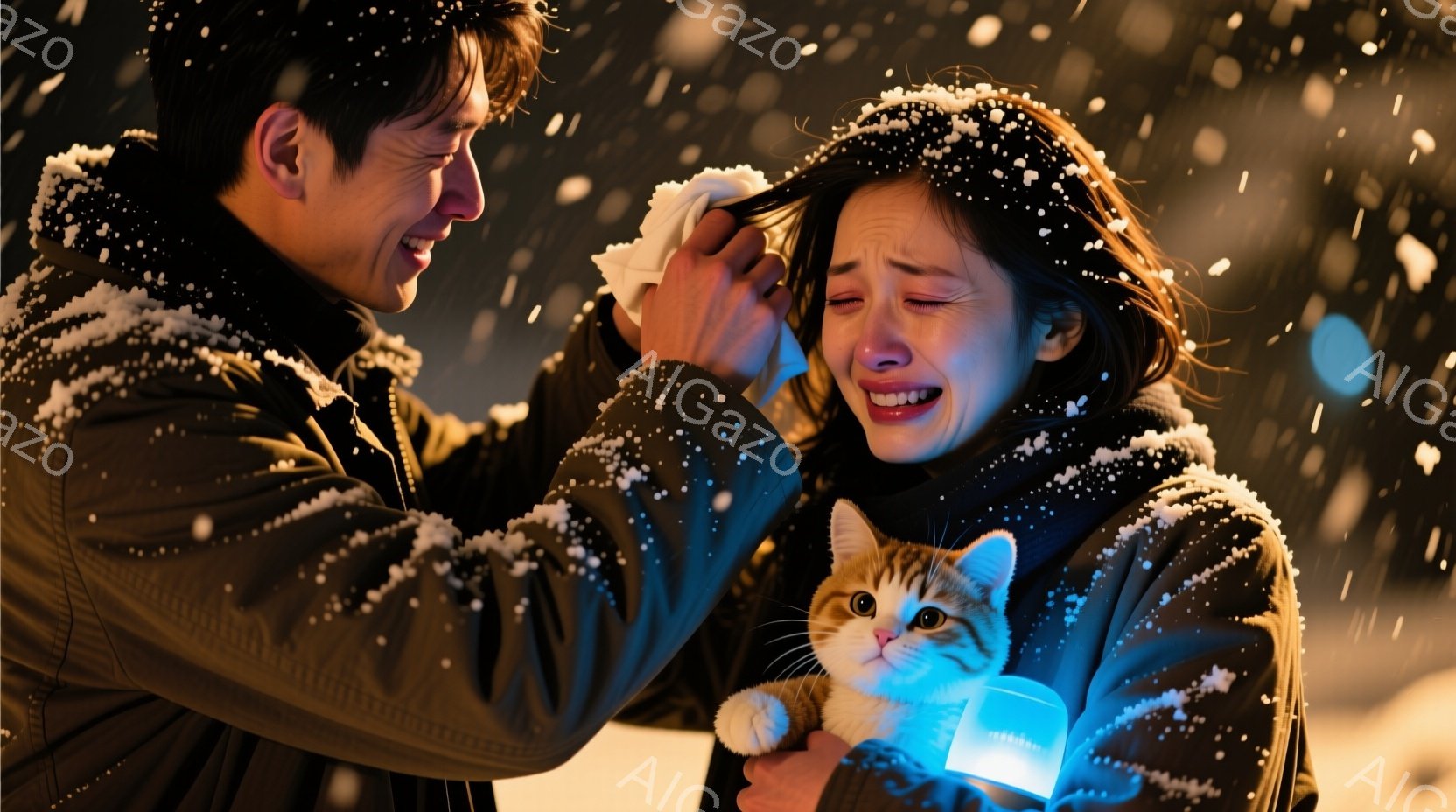 雪が降る夜、一人の男性が泣いている女性の涙を拭っています。女性は黒いフード付きのジャケットを着ており、肩まで届く長い髪は風で少し乱れています。彼女は小さなオレンジ色の縞模様の猫を抱いており、猫の近くに - AI生成フリー素材