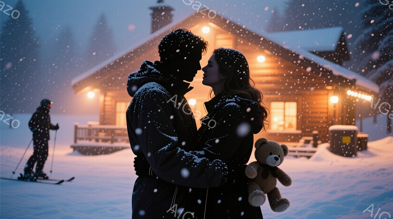 雪が降る中、若い男女が寄り添い、キスしようとしている瞬間を捉えた写真です。女性は長い茶色の髪で、男性は短い髪で、ともに冬のコートを着ています。背景にはログハウスが暖かく光り、スキーヤーが遠くに見え、ロマンチックで穏やかな雰囲気が漂っています。