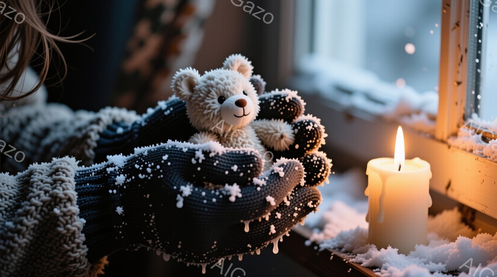 雪が降り積もる窓辺で、厚手のニット手袋がテディベアを優しく包み込んでいる。手袋には雪が積もり、その横には温かい光を放つキャンドルが置かれている。暖かく、静かで、冬の安らぎを感じさせる雰囲気である。