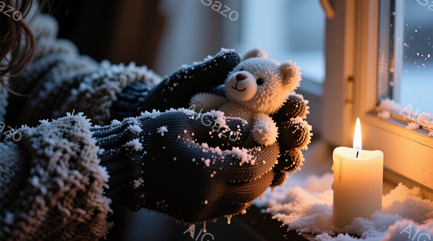 窓辺に積もった雪の上に、毛糸の手編みのミトンが置かれ、その中に小さなテディベアが抱きかかえられています。ミトンとテディベアは雪で覆われており、その隣には温かい光を放つ一本のキャンドルが置かれています。全体的に、暖かく、静かで、冬の落ち着いた雰囲気を醸し出しています。
