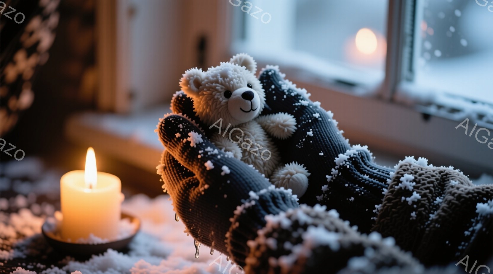 暖炉のそばで、ニットの袖がテディベアを優しく包み込んでいる様子が描かれている。窓の外は雪が降り積もり、ぼんやりとした光が窓から差し込んでいる。暖かく穏やかな雰囲気で、冬の静けさと心地よさを感じさせる。