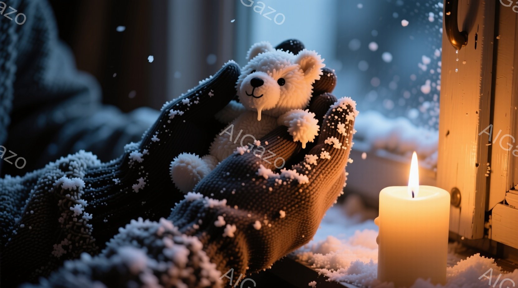 ぬいぐるみ（クマ）が毛糸のニットでできた手袋に抱かれており、その手袋は雪で覆われています。背景には雪が降る窓と、暖かく灯るキャンドルが見え、冬の静かで温かい雰囲気が漂っています。全体的に、安心感と安ら - AI生成フリー素材