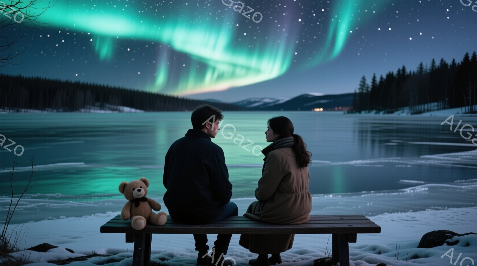 長い茶色の髪をした女性と、短髪の男性が雪に覆われた木製のベンチに並んで座っています。二人は互いを見つめ合い、真剣な表情をしています。背景には凍った湖、遠くの山々、そして夜空に広がる緑色のオーロラが広がっており、静かでロマンチックな雰囲気を醸し出しています。