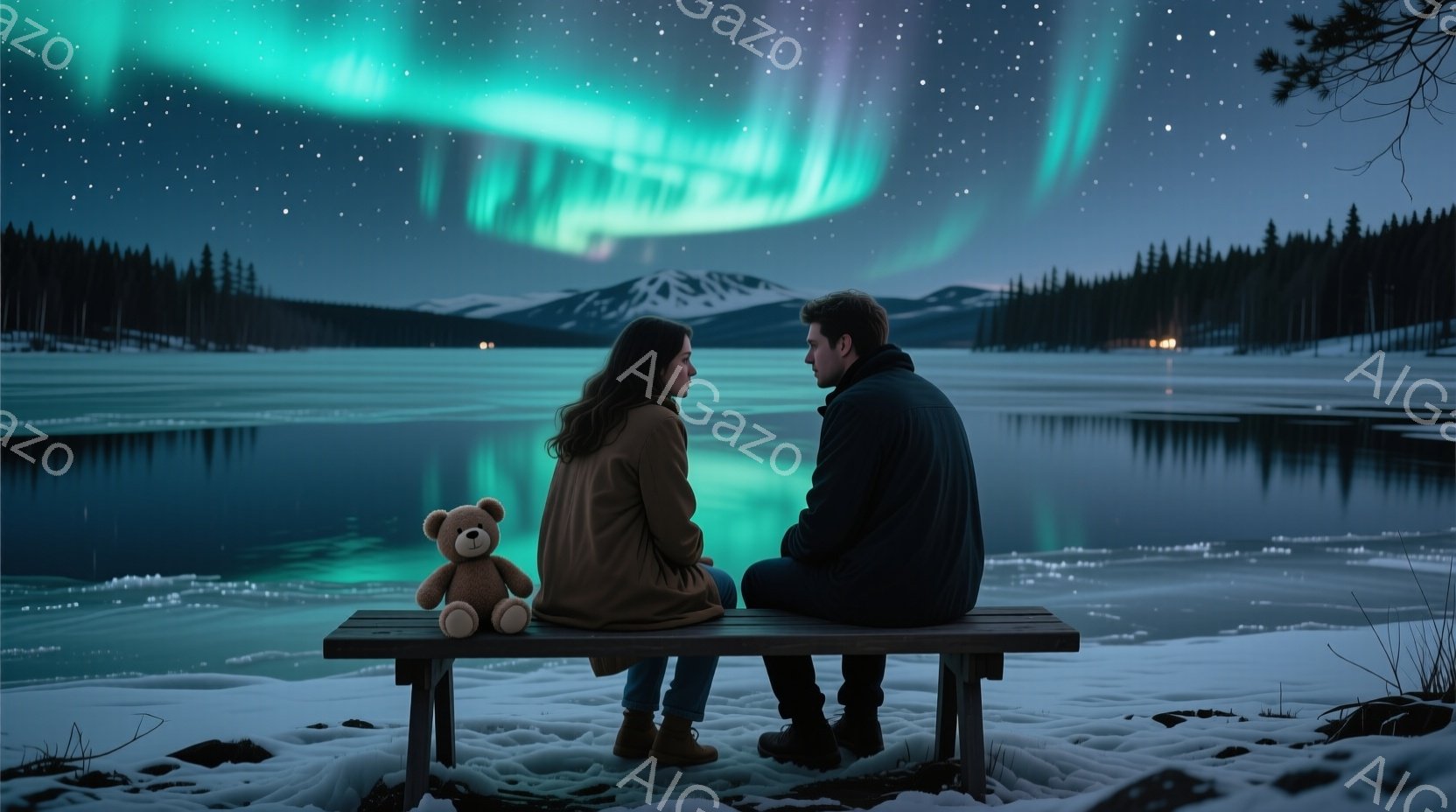 雪に覆われた湖畔のベンチに、若い男女が並んで座っています。女性は茶色の髪で、ベージュ色のジャケットとジーンズ姿、男性は黒いジャケットを着ています。背景には、オーロラが輝き、遠くには雪山と針葉樹林が広が - AI生成フリー素材