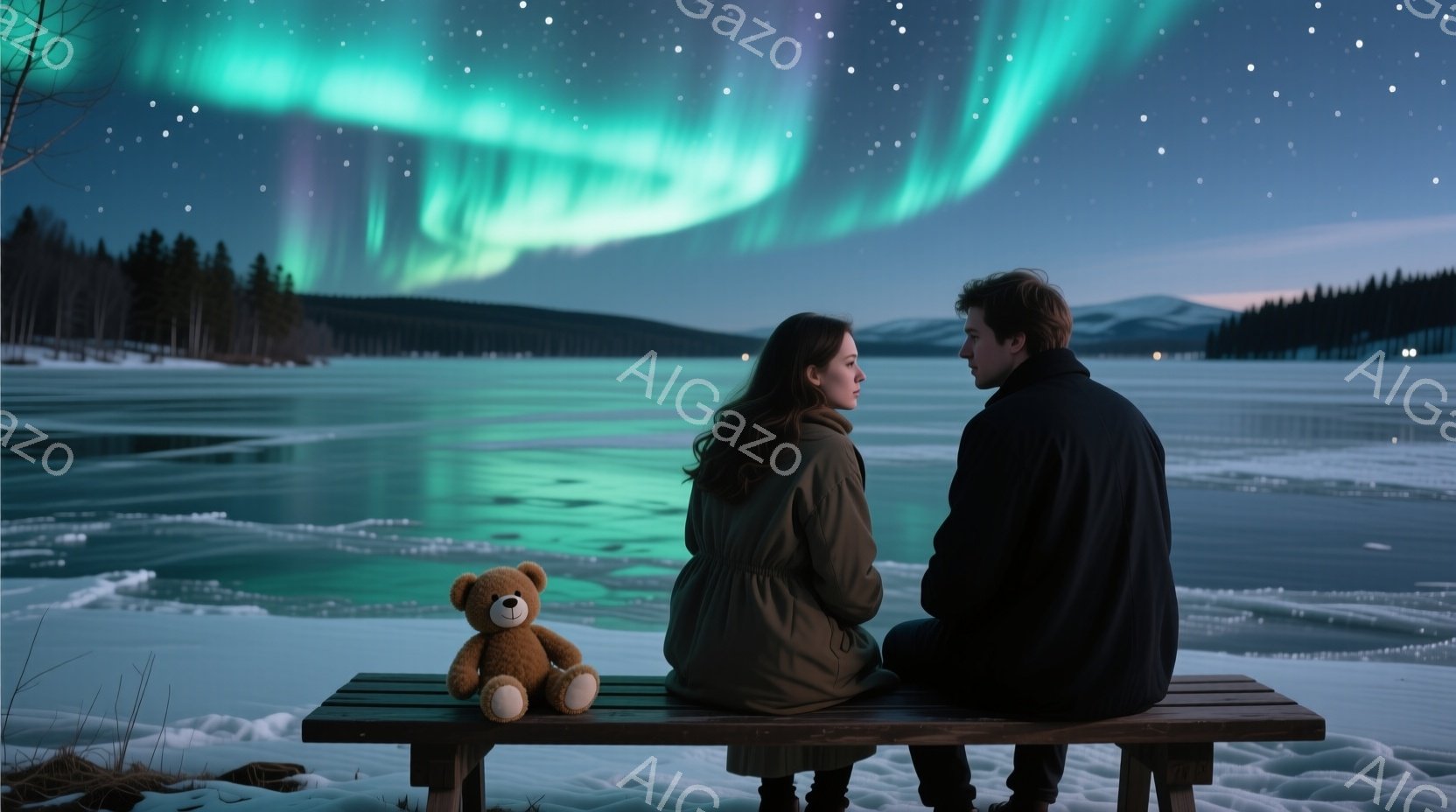 凍てつく湖畔のベンチに、女性と男性が並んで座っている。女性は長い茶色の髪を持ち、ベージュ色のコートを着ている。背景にはオーロラが輝き、雪に覆われた森林と凍った湖が広がり、静かで神秘的な雰囲気を醸し出している。