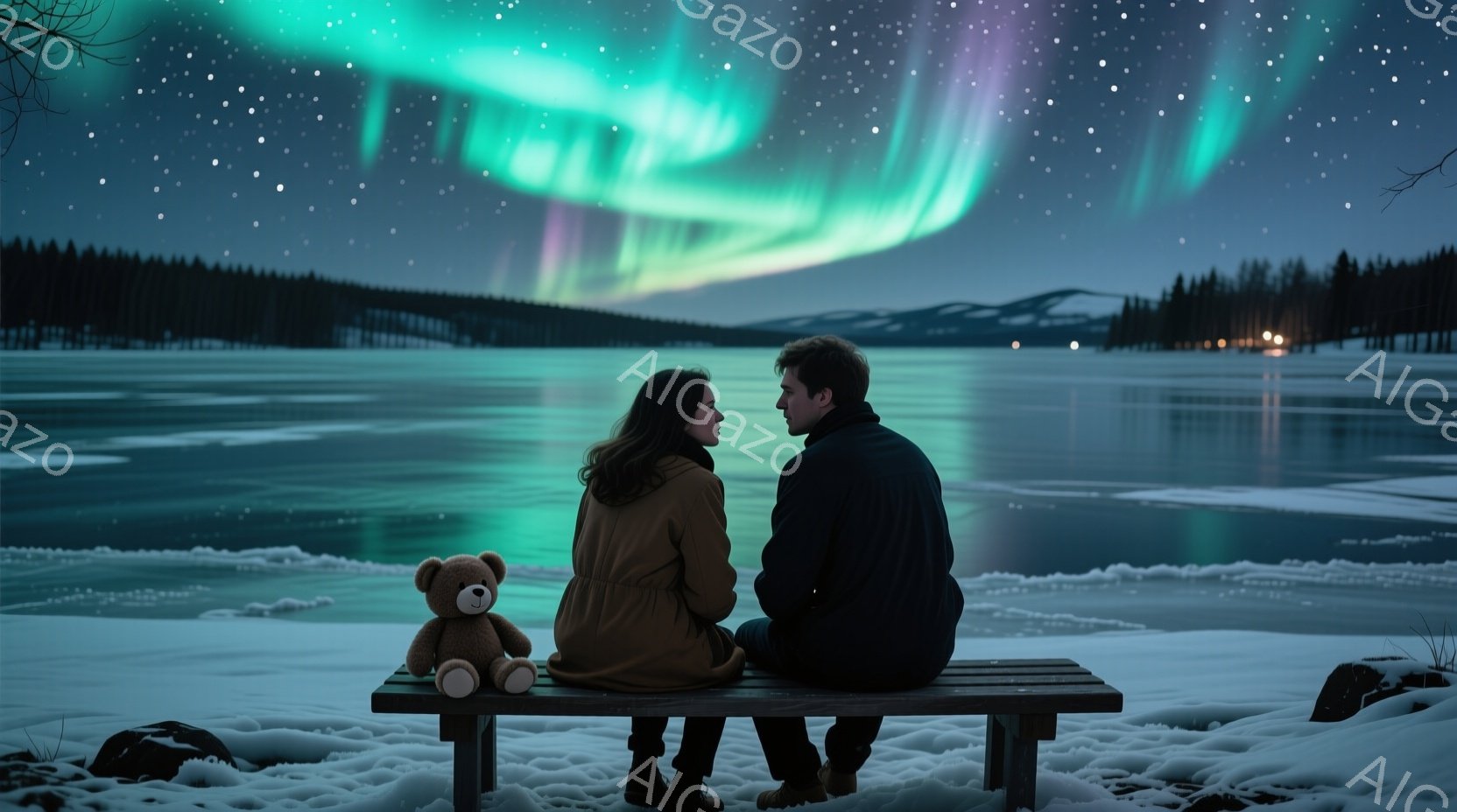 雪に覆われた湖畔のベンチに、若い男女が並んで座り、見つめ合っています。女性は茶色のコートを着ており、ロングヘアをしています。背景には緑と紫のオーロラが広がり、雪景色と相まって幻想的な雰囲気を醸し出して - AI生成フリー素材