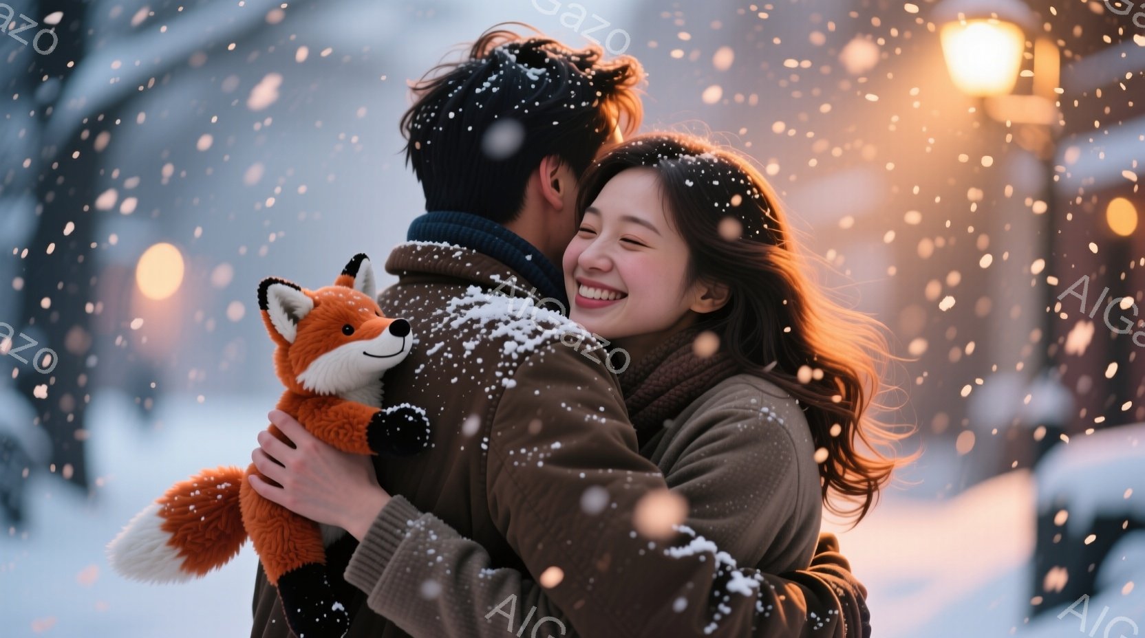 雪が舞う街中で、茶色のコートを着た男女が抱き合っている。女性は長い茶色の髪をしており、満面の笑顔を見せている。背景にはぼやけた街並みと街灯が見え、暖かくロマンチックな雰囲気を醸し出している。