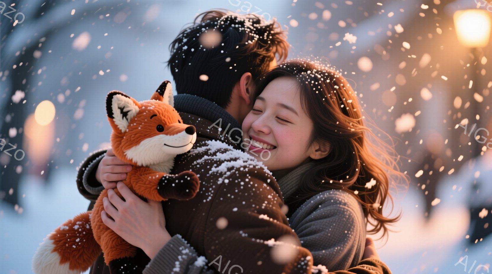 暖炉のようなオレンジ色の毛並みのキツネのぬいぐるみを抱きしめる女性が写っています。彼女は茶色の髪を肩まで伸ばし、満面の笑みを浮かべ、ベージュのセーターを着ています。背景は雪が降る夜の街並みで、遠くに見 - AI生成フリー素材