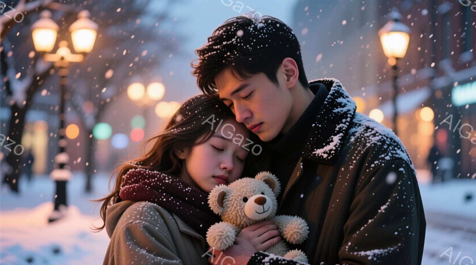 雪が舞う夜の街で、若い男女が寄り添い合っている。女性は長い茶色の髪をしており、ベージュ色のジャケットと赤いマフラーを巻いている。男性は黒髪で、女性の肩に腕を回して優しく抱きしめている様子から、二人の温 - AI生成フリー素材